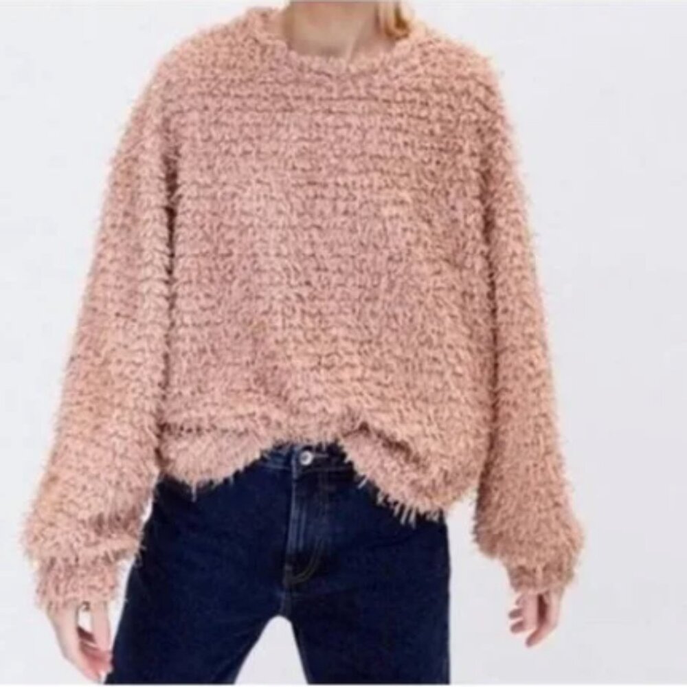 Zara Pink Fuzzy Eyelash Textured Long Sleeve Sweater - Small